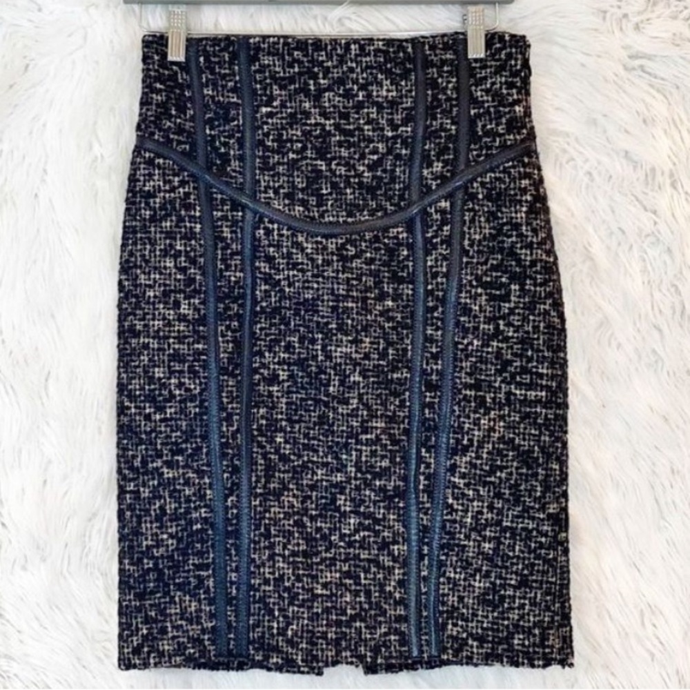 ZARA leather trim tweed high waist pencil skirt